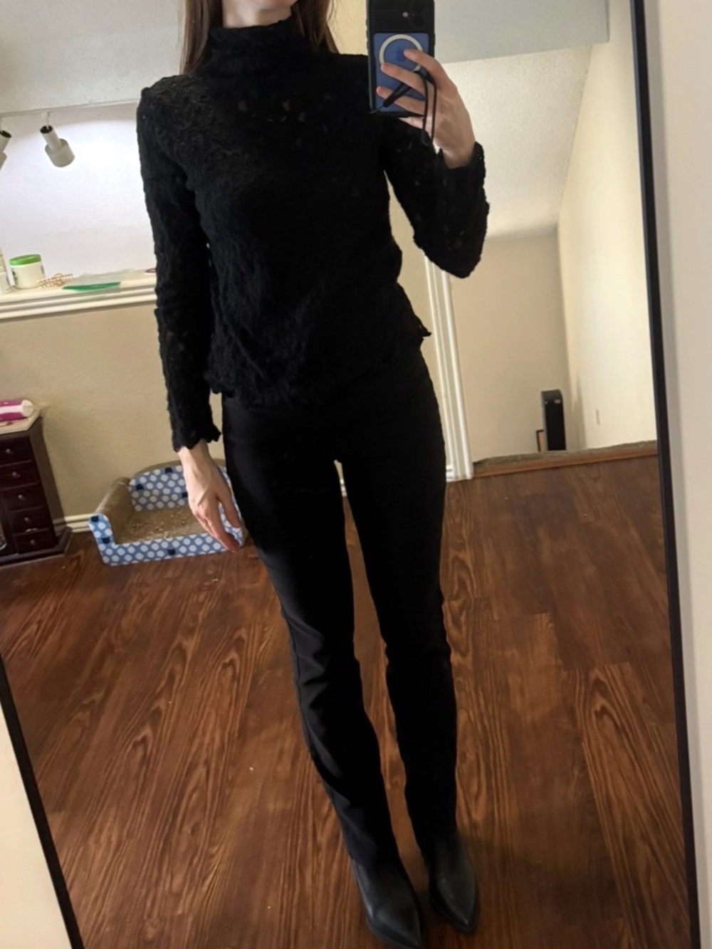 Charlior Black Textured Lace Mock Neck Long Sleeve Top